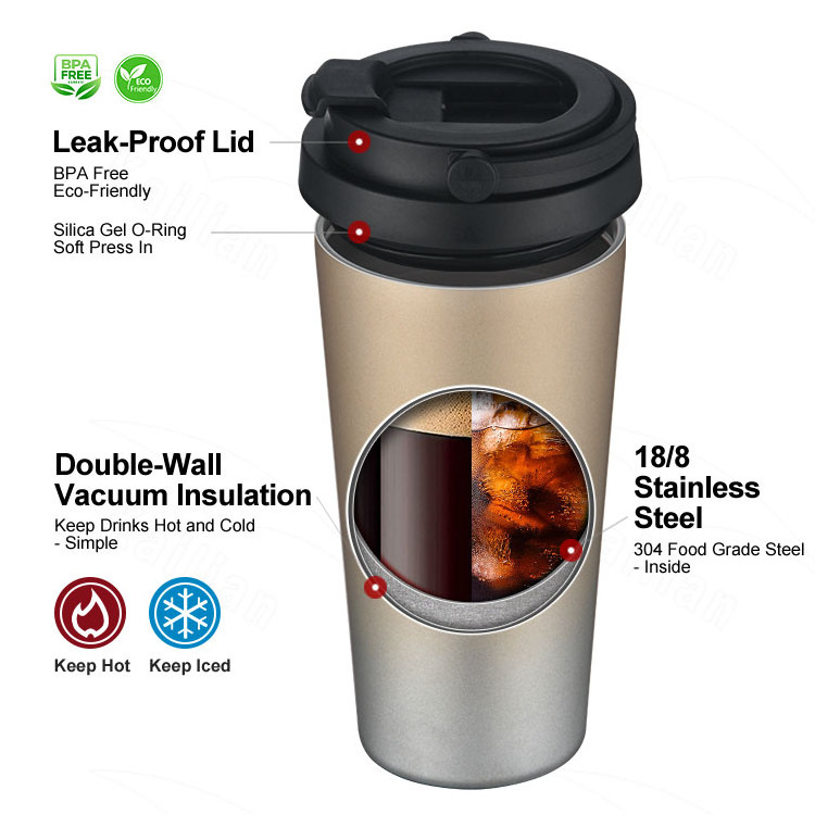 Custom portable 16oz 500ml stainless steel double wall insulated vacuum coffee Travel mugs tumblers cups with handle and lid