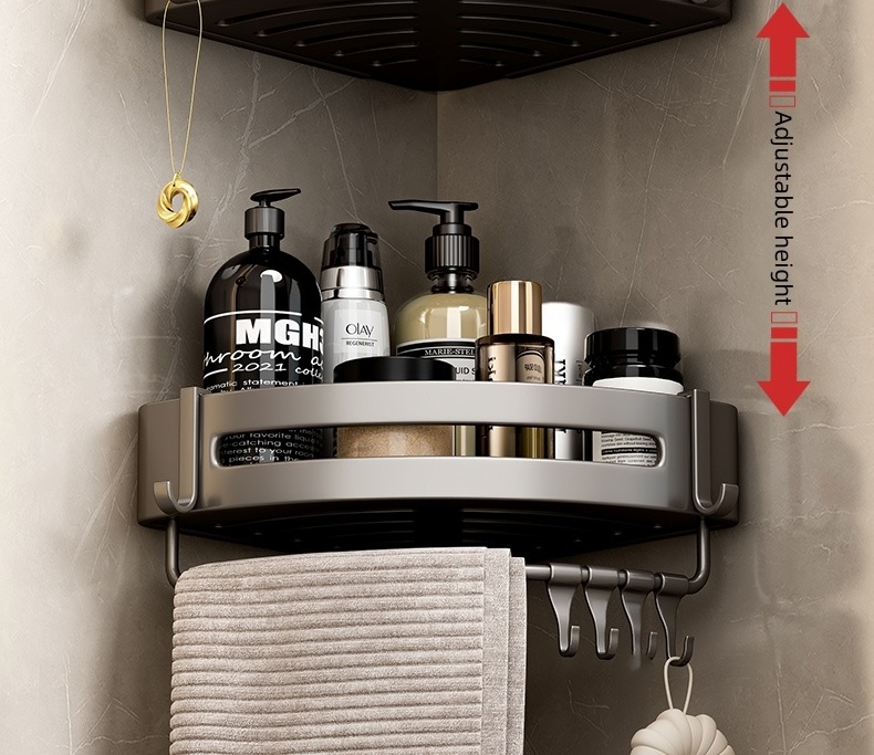 No Drilling Wall Mounted Black Hanging Adhesive Aluminum Bathroom Corner Shower Caddy