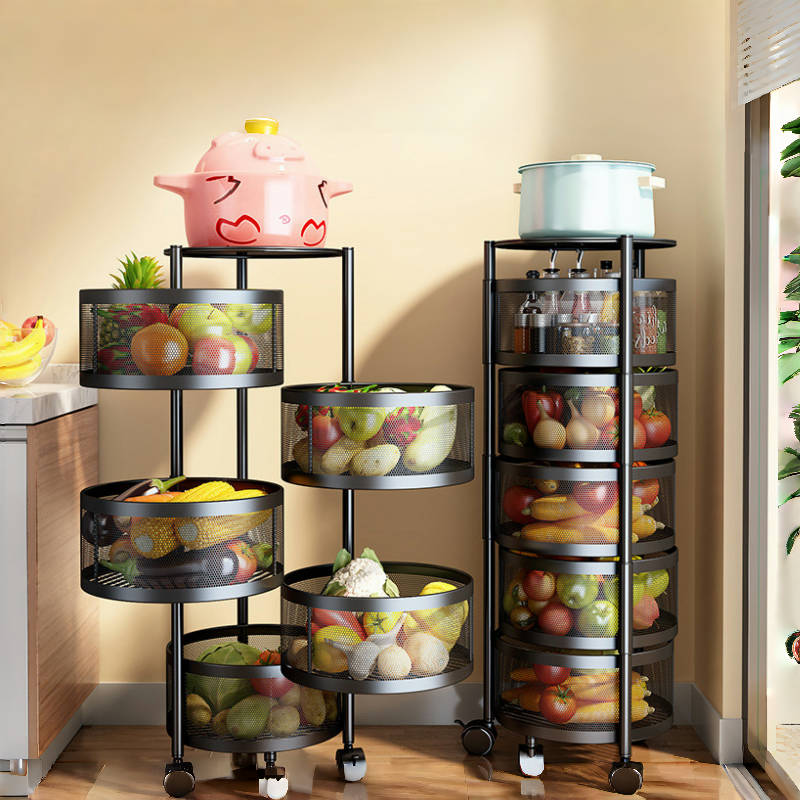 3-6 Tier Kitchen Rotating Vegetable Fruit Basket Storage Trolley Rack And Cart With Wheels