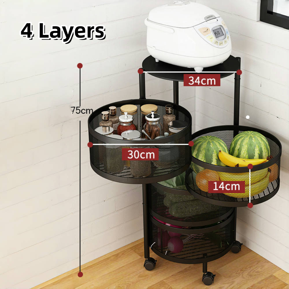 3-6 Tier Kitchen Rotating Vegetable Fruit Basket Storage Trolley Rack And Cart With Wheels