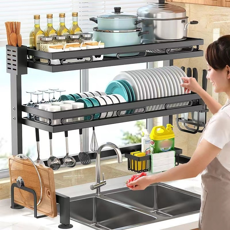 2 Tiers Black Over The Sink Rack Tableware Storage Kitchen Drain Large Capacity Dish Rack For Hotel