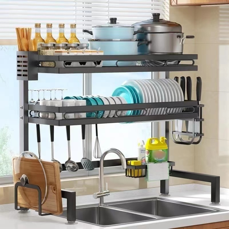 2 Tiers Black Over The Sink Rack Tableware Storage Kitchen Drain Large Capacity Dish Rack For Hotel