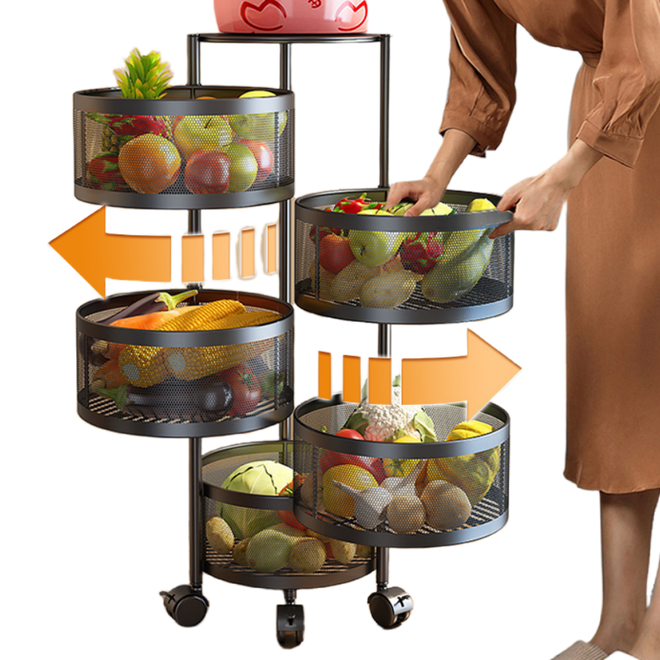 Multifunctional Round Vegetable Fruit Basket 3-6 Tiers Rotating Storage Trolley Cart For Kitchen