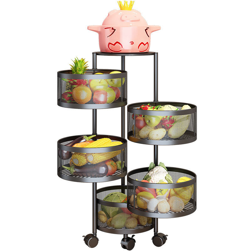 3-6 Tier Kitchen Rotating Vegetable Fruit Basket Storage Trolley Rack And Cart With Wheels