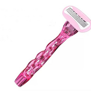 New women lady red color special design plastic handle shaving razor  5 blade replaceable cartridge factory