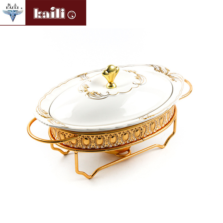 2.0L Oval Golden Ceramic food warmer dish chafing dish