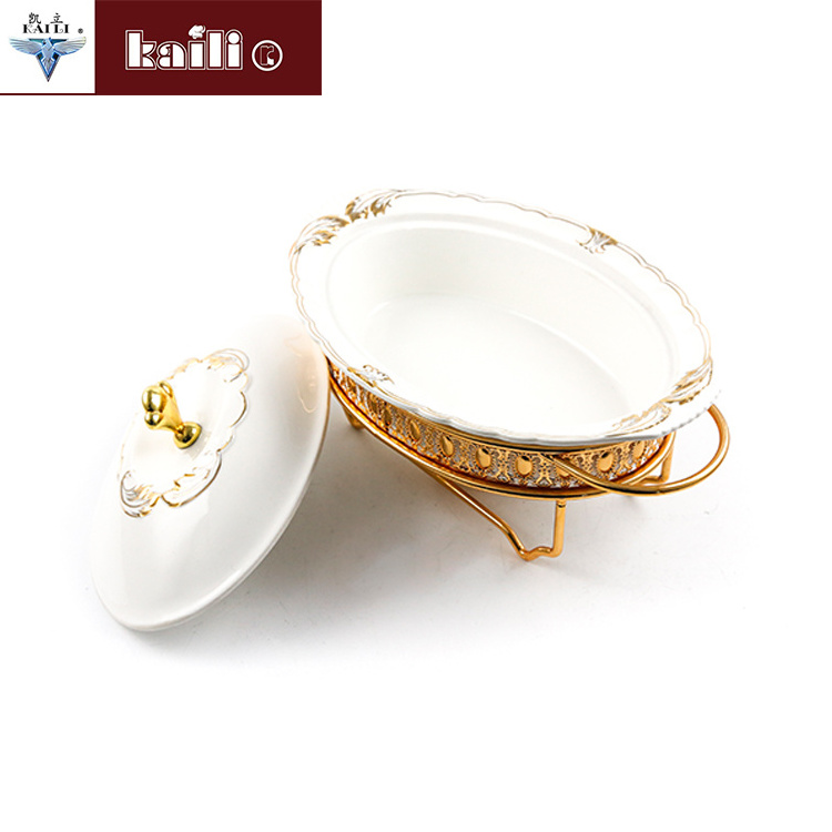 2.0L Oval Golden Ceramic food warmer dish chafing dish