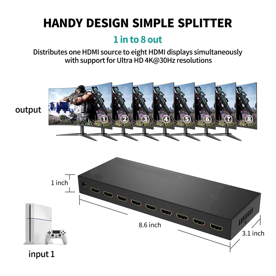 New Design Support OEM Ultra HDMI Multi Viewer HD  8 port 1 Support 4K 30HZ 1x8 HDMI Splitter For Computer