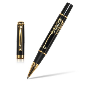 Metal writing pen set includes ballpen and rollerball pen, blue or black ink, in matching black gift box