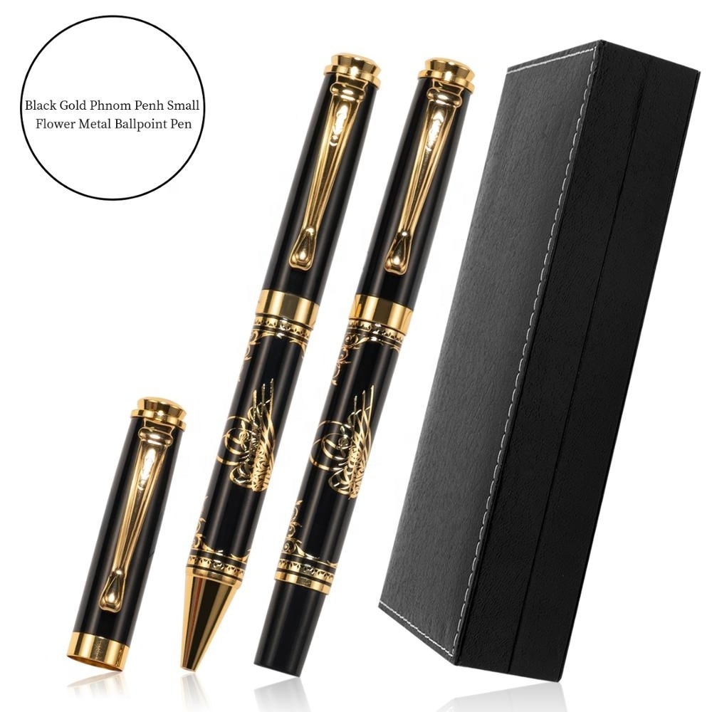 Metal writing pen set includes ballpen and rollerball pen, blue or black ink, in matching black gift box