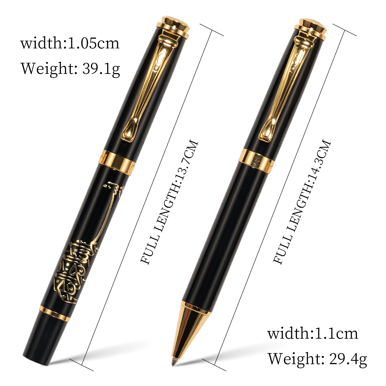 Metal writing pen set includes ballpen and rollerball pen, blue or black ink, in matching black gift box