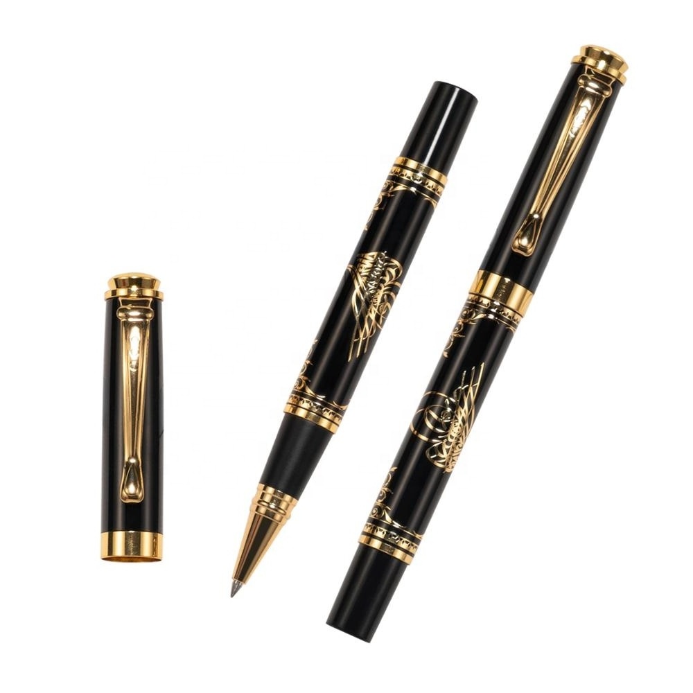 Metal writing pen set includes ballpen and rollerball pen, blue or black ink, in matching black gift box