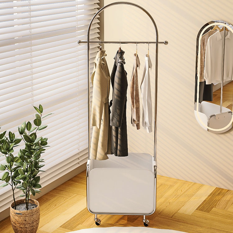 Kainice White Metal Single Rail Boutique Retail Garment Shelves Clothing Store Hat Bag Display Stands Rack With Storage Basket