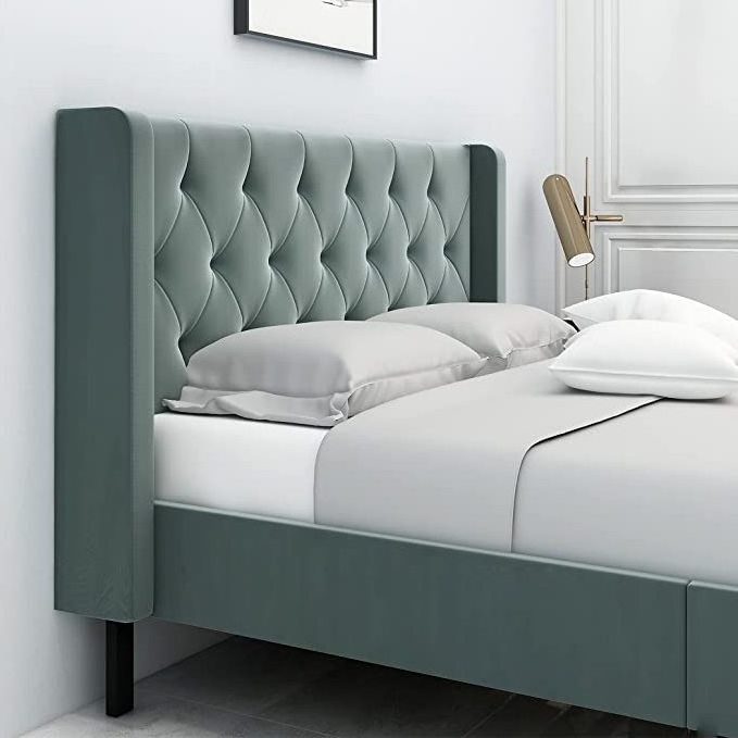 Kainice customized cheap french iron wooden bed base full gray linen full bed queen size kingsize bed frame for hotel