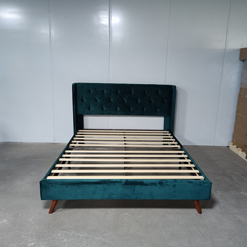 Kainice customized furniture green velvet bed base frame wooden queen king size bed up-holstered beds for bedroom