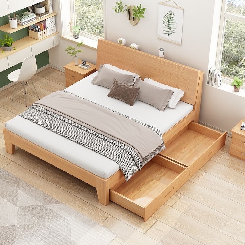 Kainice wholesale soild wooden bed with drawer king size bedroom furniture mdf storage box double bed