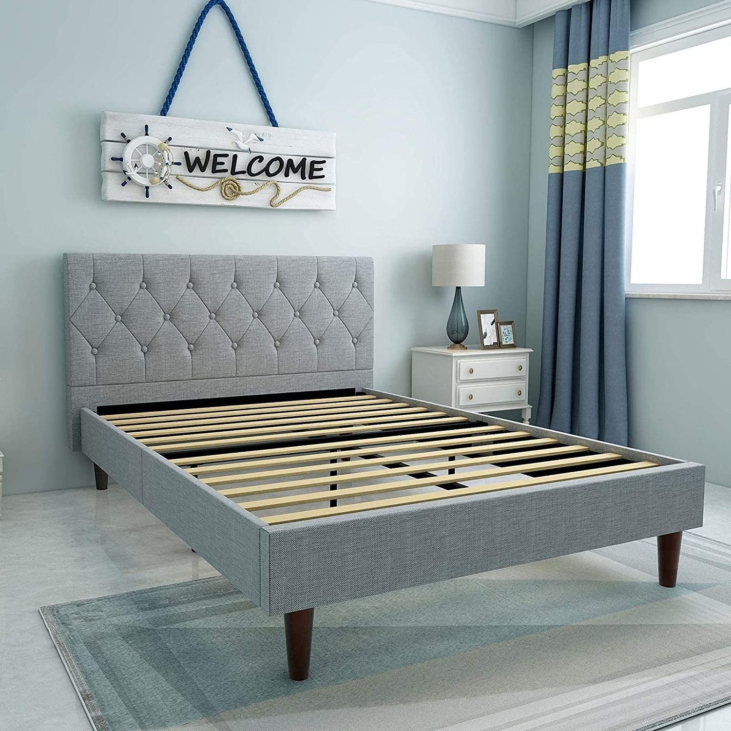 Kainice wholesale furniture bed design Noise-Free metal bed frame designs linen gray full Size for Bedroom