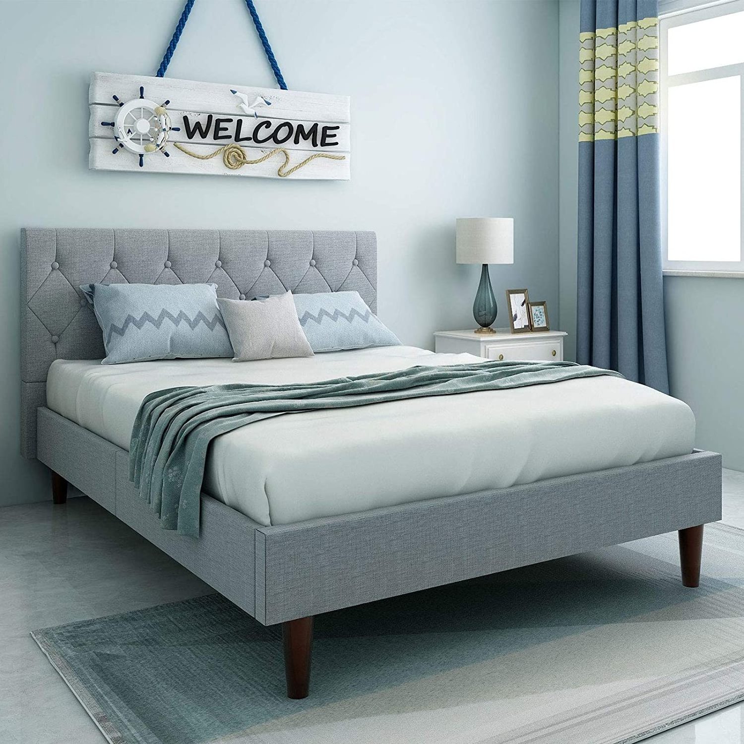 Kainice wholesale furniture bed design Noise-Free metal bed frame designs linen gray full Size for Bedroom