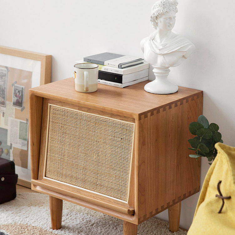 Kainice solid OAK wood bedroom furniture rattan single door storage bedside table side cabinet with wooden feet