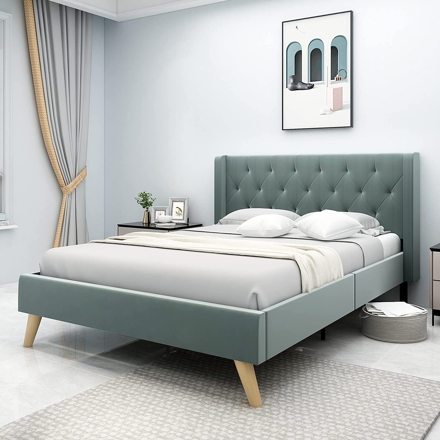 Kainice customized cheap french iron wooden bed base full gray linen full bed queen size kingsize bed frame for hotel