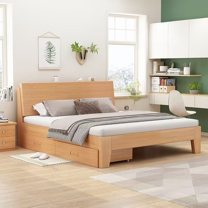 Kainice wholesale soild wooden bed with drawer king size bedroom furniture mdf storage box double bed