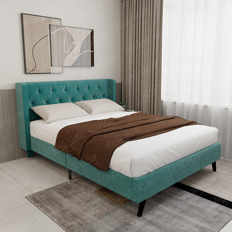 Kainice customized furniture green velvet bed base frame wooden queen king size bed up-holstered beds for bedroom