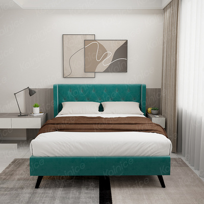 Kainice customized furniture green velvet bed base frame wooden queen king size bed up-holstered beds for bedroom