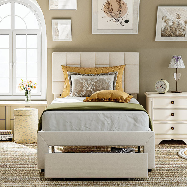 Kainice Bedroom Furniture Upholstered Beds Metal Platform Single Bed Frame With Storage Drawers Fabric Twin Bed Frame