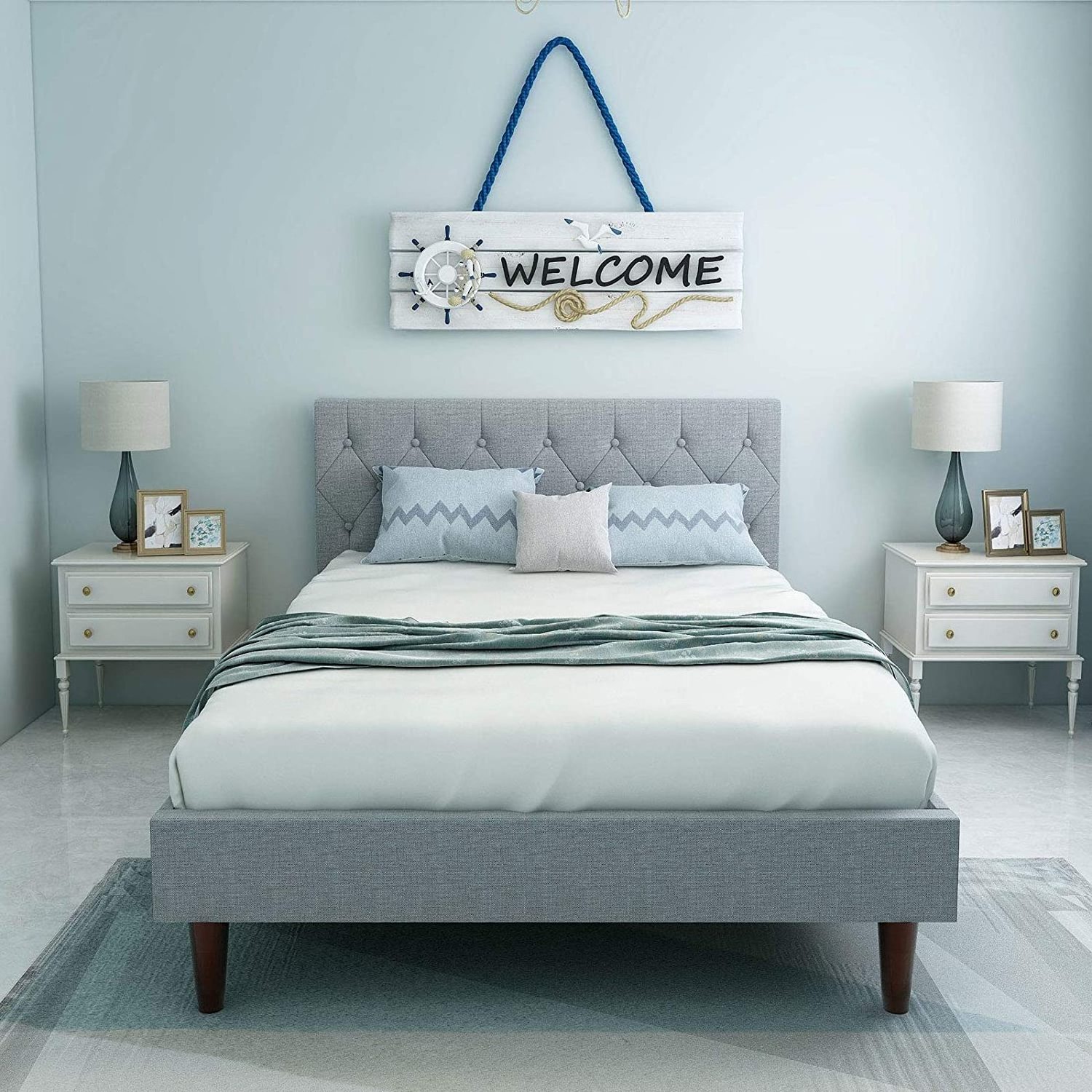 Kainice wholesale furniture bed design Noise-Free metal bed frame designs linen gray full Size for Bedroom