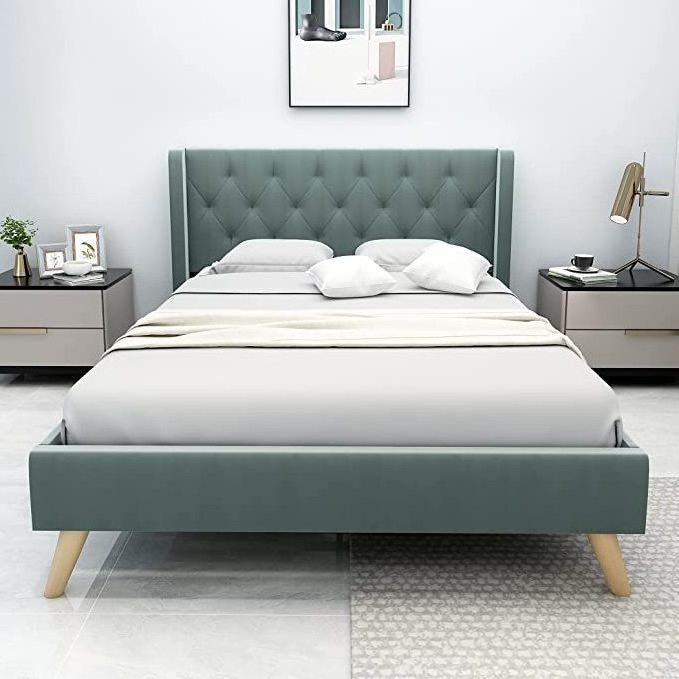 Kainice customized cheap french iron wooden bed base full gray linen full bed queen size kingsize bed frame for hotel