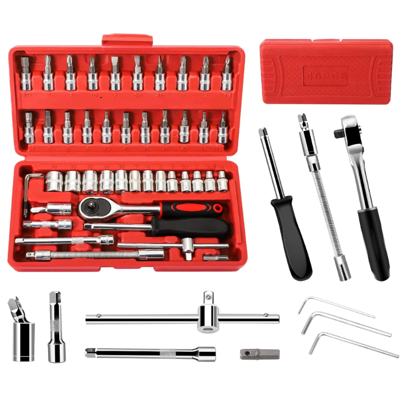 46 Pieces 1/4 Inch Drive Industrial Grade Socket Ratchet Wrench Set with Bit Socket Set Metric Extension Bar for Auto Repairing