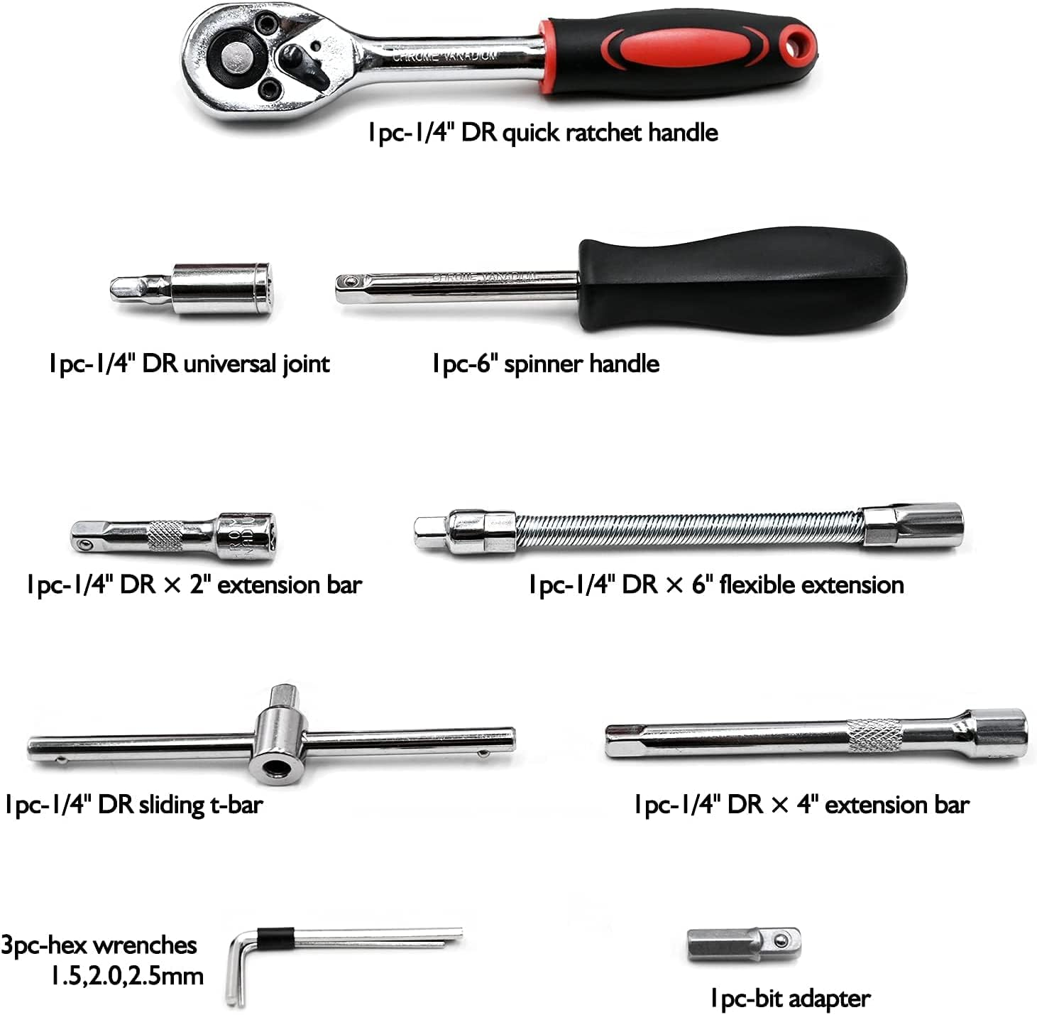 46 Pieces 1/4 Inch Drive Industrial Grade Socket Ratchet Wrench Set with Bit Socket Set Metric Extension Bar for Auto Repairing