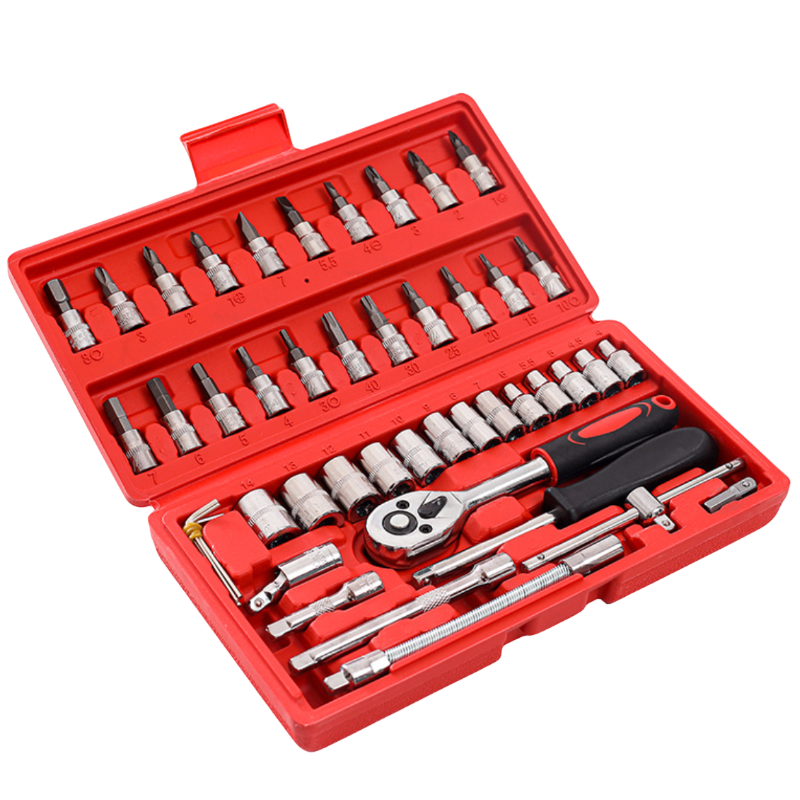 46 Pieces 1/4 Inch Drive Industrial Grade Socket Ratchet Wrench Set with Bit Socket Set Metric Extension Bar for Auto Repairing