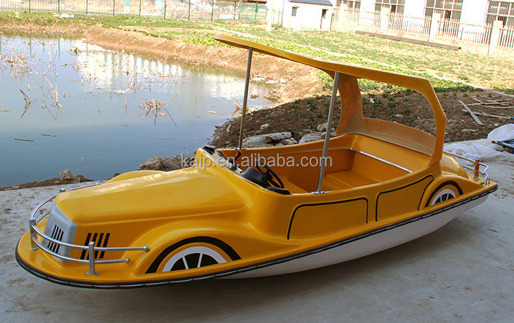 Red car model 4-person electric boat with kids play on the water customized color car model fiberglass boat for sale