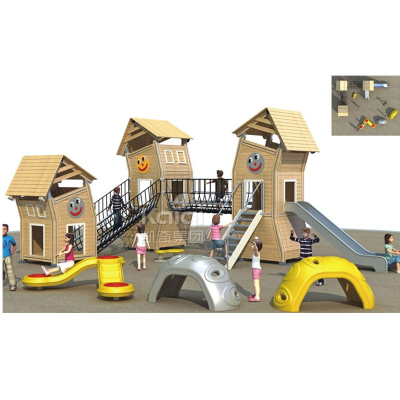 Kaiqi Wooden Series Plastic Wood  amusement outdoor playground backyard playhouse with big slide and climbing - water park