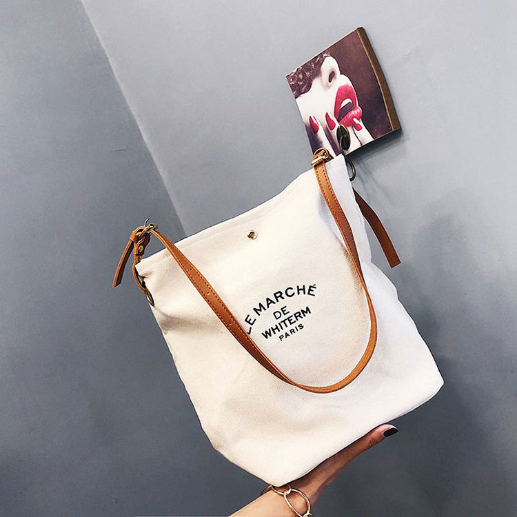 New Fashion Custom Design Logo Cotton Canvas Shoulder Tote Bag with Leather Strap