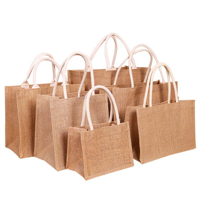 Custom Logo Blank Reusable Grocery Burlap Shopping Bag Eco Friendly Simple Hemp Linen Jute Tote Bag for Gift Festival