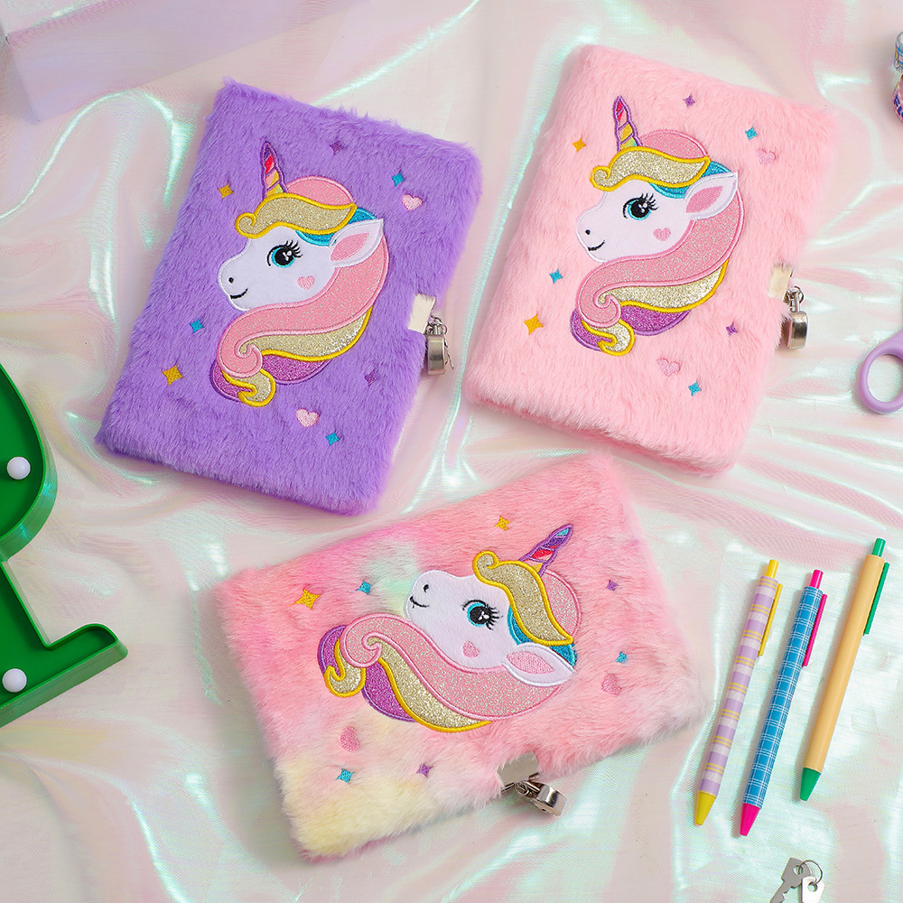 A5 Plush Unicorn Plush Fur Notebook with Lock and Keys Diary Book Lovely Writing Book Children's Gift