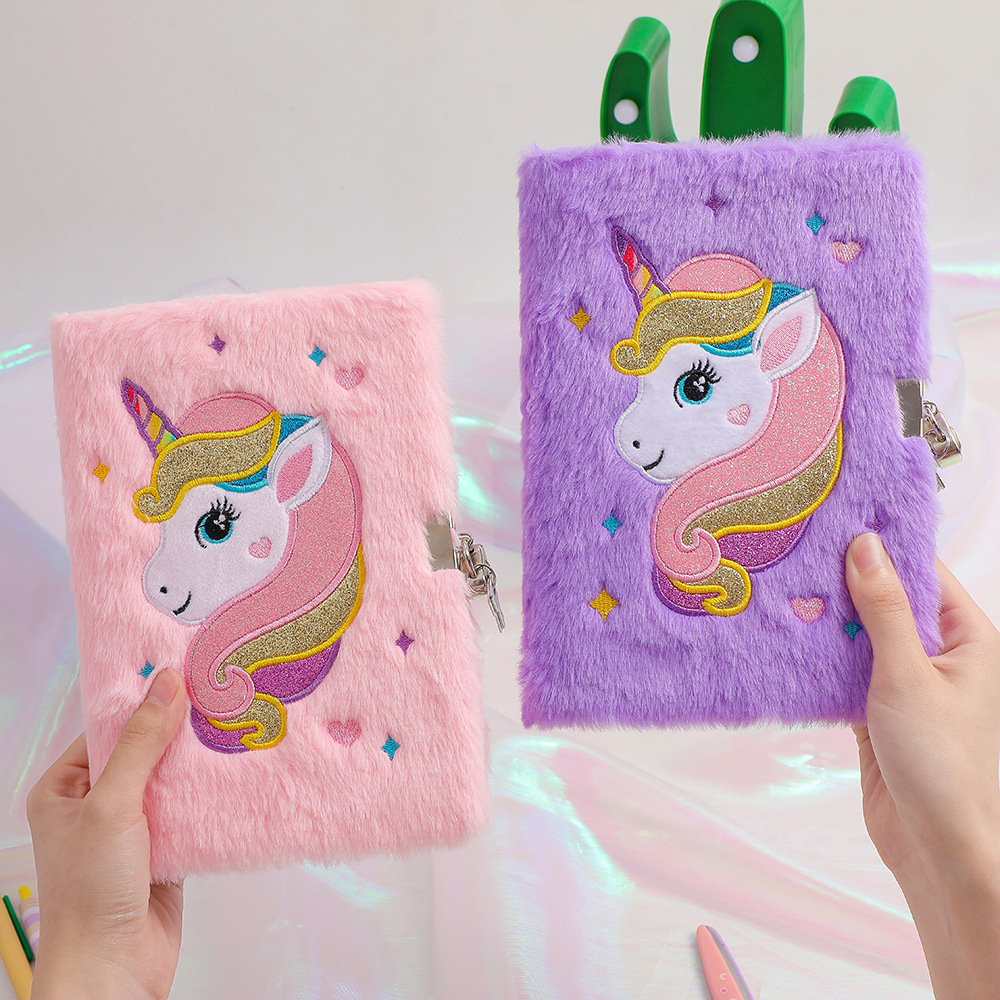 A5 Plush Unicorn Plush Fur Notebook with Lock and Keys Diary Book Lovely Writing Book Children's Gift