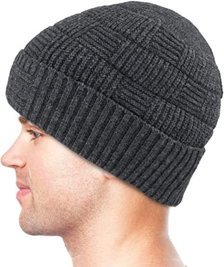 Custom embroidery basketweave skullies beanies wool knit winter hat with luxurious fleece velour lining for men