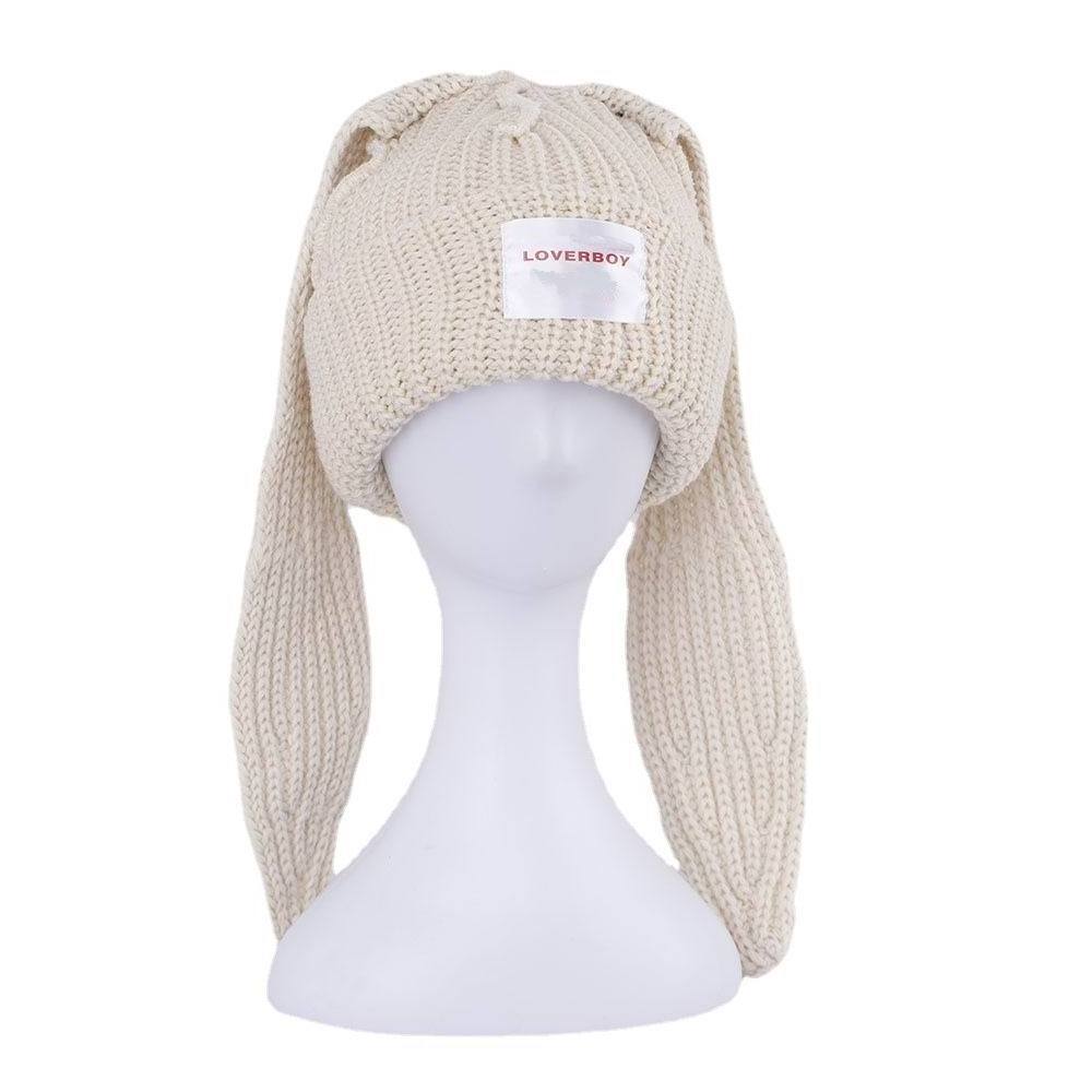 Knit Beanie Hats Cute Bunny Long Ears Funny Hat Fluffy Winter Cap Warm Knit Rabbit Crochet Skull Cap Outdoor Slouchy Hat