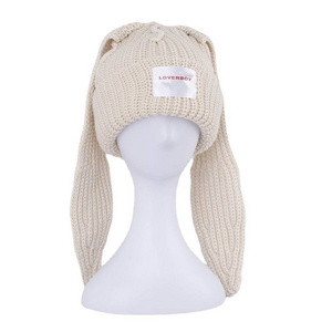 Knit Beanie Hats Cute Bunny Long Ears Funny Hat Fluffy Winter Cap Warm Knit Rabbit Crochet Skull Cap Outdoor Slouchy Hat