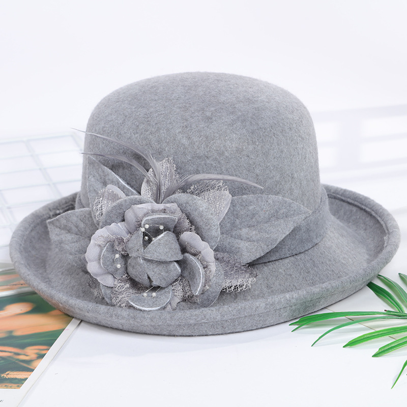 Top Hat Wholesale Round Wool Felt Plain Church Winter Hat With Flower  For Ladies Women