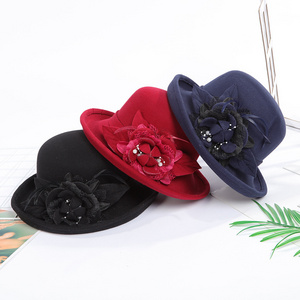 Top Hat Wholesale Round Wool Felt Plain Church Winter Hat With Flower  For Ladies Women