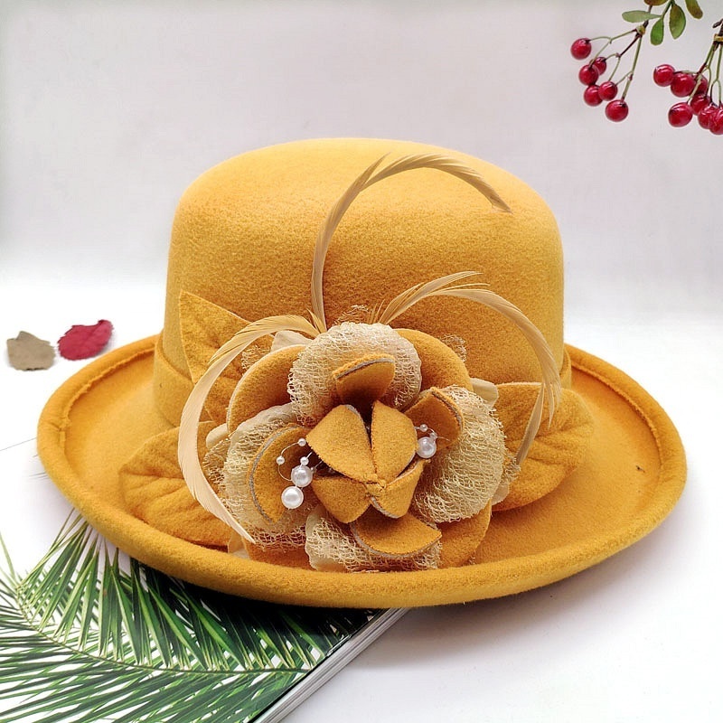 Top Hat Wholesale Round Wool Felt Plain Church Winter Hat With Flower  For Ladies Women