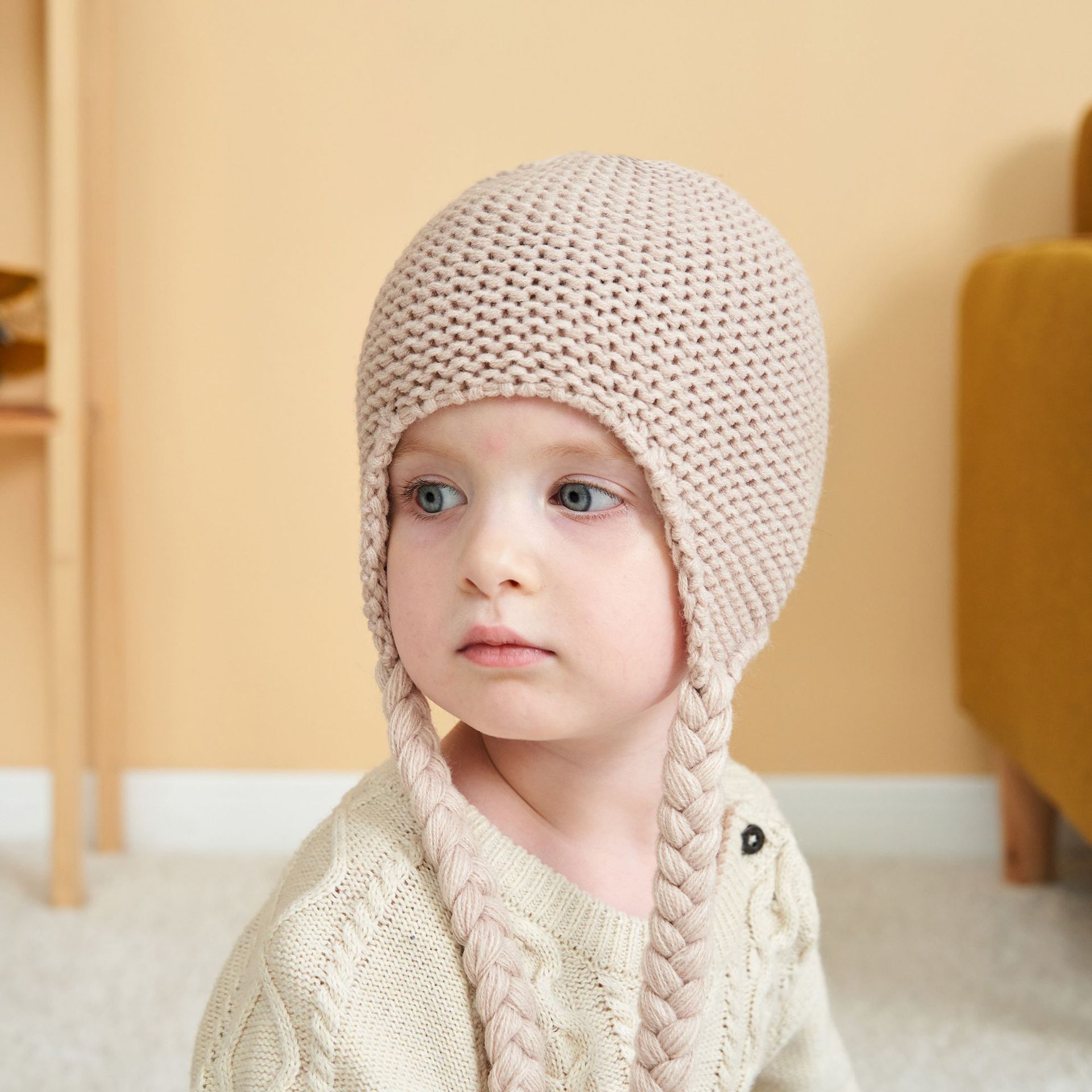 Little Girls Knit Hats Winter Baby Beanie Hat with Warm Ear Flap and Cute Braids Running Caps 0-5