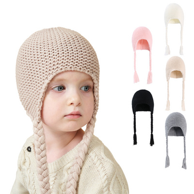 Little Girls Knit Hats Winter Baby Beanie Hat with Warm Ear Flap and Cute Braids Running Caps 0-5