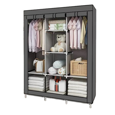 Portable Wardrobe Closet Clothes Organizer Non-Woven Fabric Cover with 6 Storage Shelves 2 Hanging Sections and 4 Side Pockets