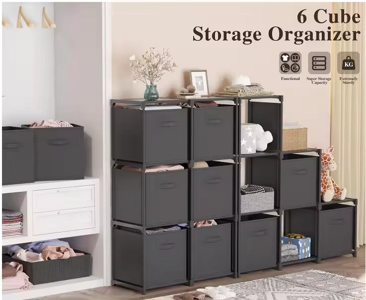 Cube cabinet with 6 boxes  metal closet  fabric chest of drawers bedroom  home storage  wardrobe