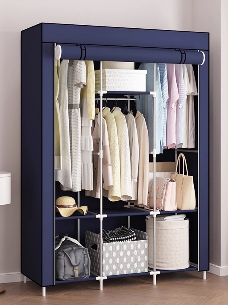 Portable Wardrobe Closet Clothes Organizer Non-Woven Fabric Cover with 6 Storage Shelves 2 Hanging Sections and 4 Side Pockets